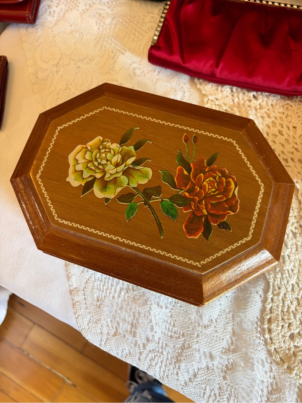 Hand-Painted Floral Wooden Decorative Box - Brown with Green & Red Flowers